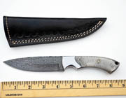 Drop Point Damascus Hunting Knife with White & Gray German Micarta Skinning Custom Knives with Leather Sheath
