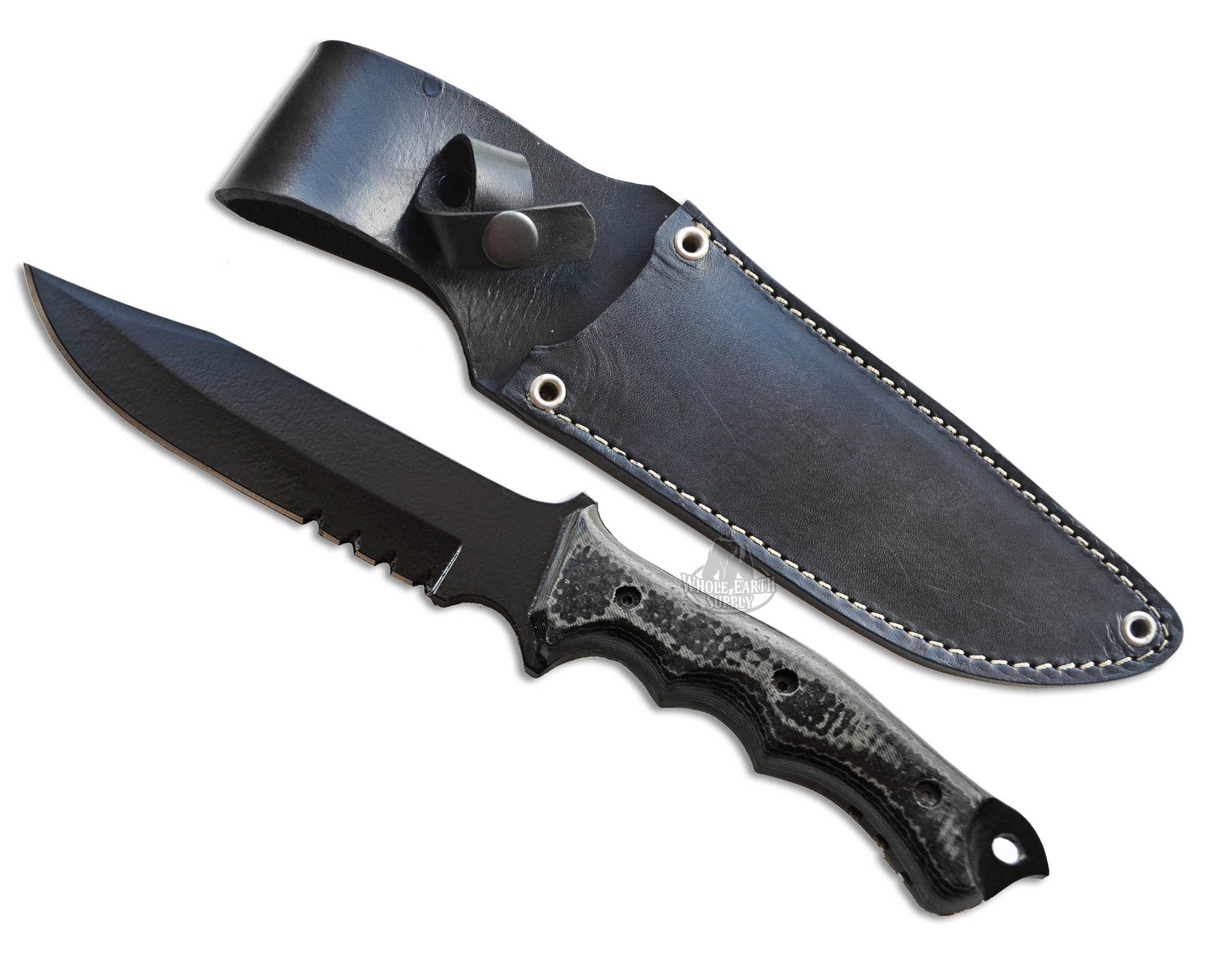 Large Black Bowie Hunting Knife 1095 Serrated with Black & Gray Micarta Custom Knives with Leather Sheath