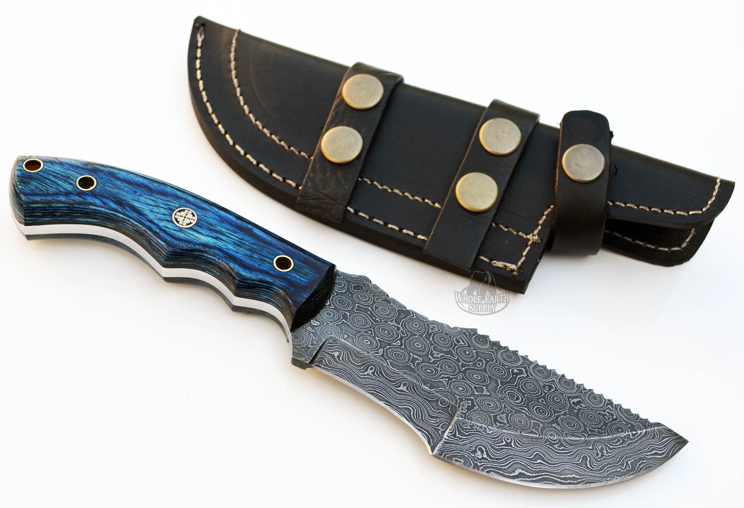 Raindrop Damascus Tracker Knife Hunting Knives Blue Wood Handle Blank +Sheath