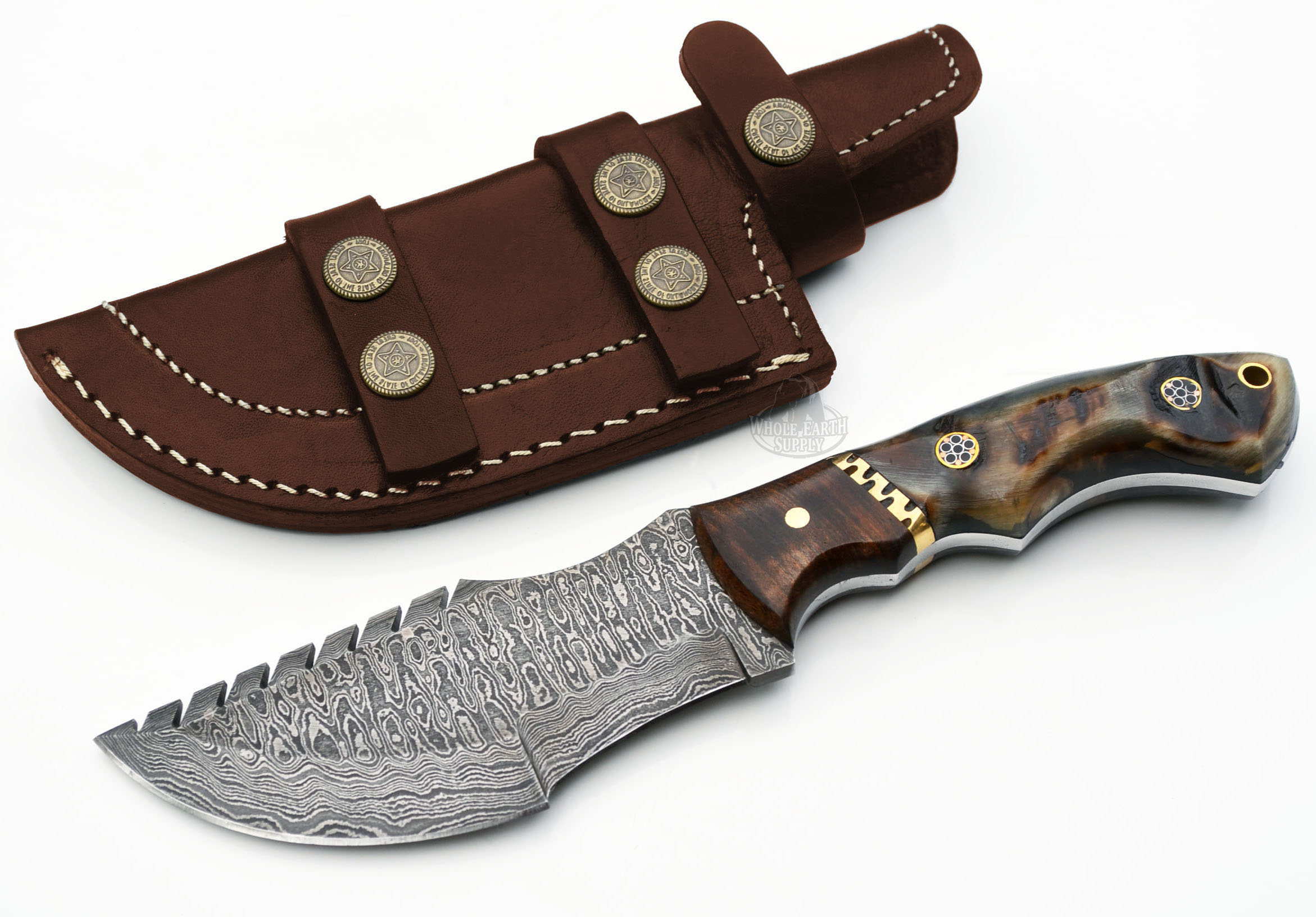 Ladder Damascus Tracker Knife Hunting Knives Ram Horn Handle with Wood Inlay Blank +Sheath