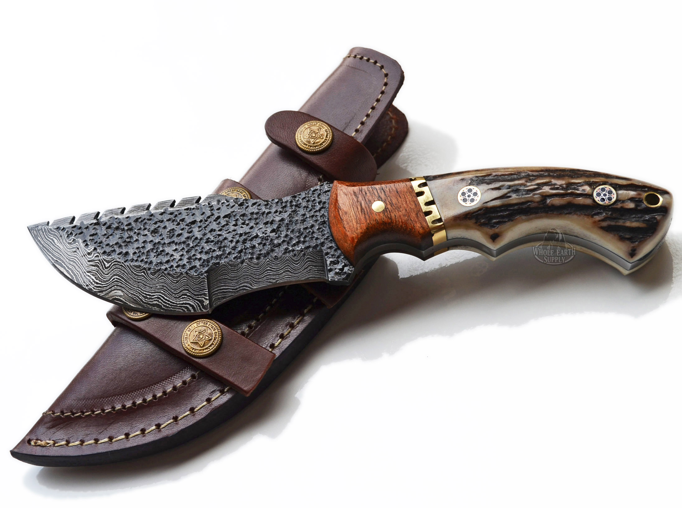 Hammered Damascus Tracker Knife Stag Handle Hunting Skinning Knives Blades Blade Knife