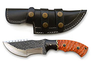 D2 Hunting Knife with Hand-Carved Orange Wood Handle, Leather Sheath