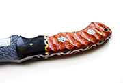 D2 Hunting Knife with Hand-Carved Orange Wood Handle, Leather Sheath