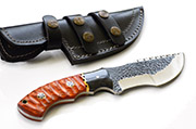 D2 Hunting Knife with Hand-Carved Orange Wood Handle, Leather Sheath