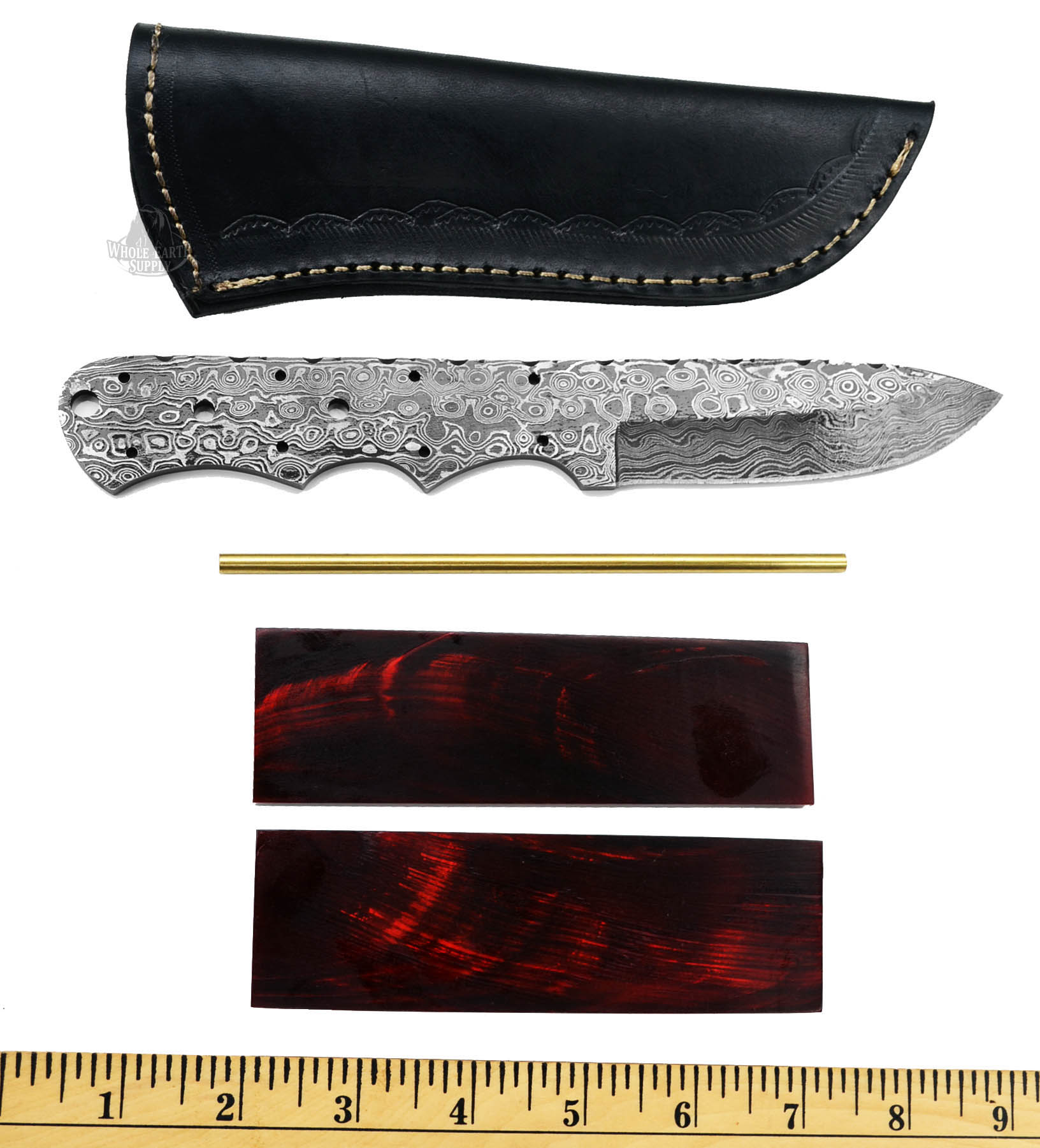(Knife Kit) Build Your Own Damascus Drop Point Knife with Black & Red Buffalo Horn Handles and Mosaic Pin Combo Blank Hunting